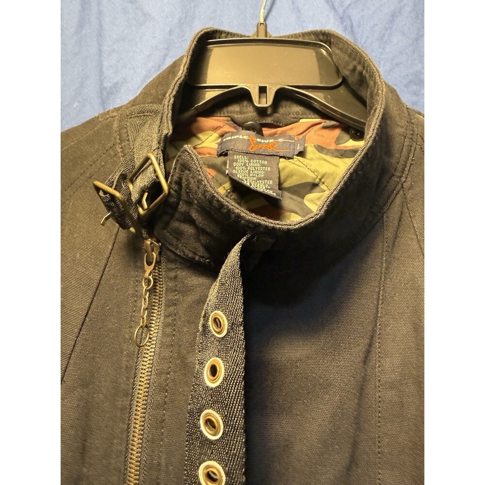 1990's Triple Five Soul Vintage Black Denim Long Jacket with Camo Lining Large - Picture 7 of 9